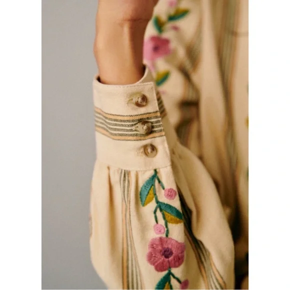 SEZANE Yellow Ecru Pink Striped Floral Embroidered Button Down Aina Blouse Shirt - Picture 7 of 16